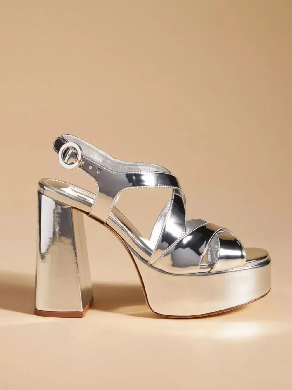 $350 Larroude Bee Platform BLOCK LEATHER SILVER CRISS CROSS SANDAL 6.5 (DD1)